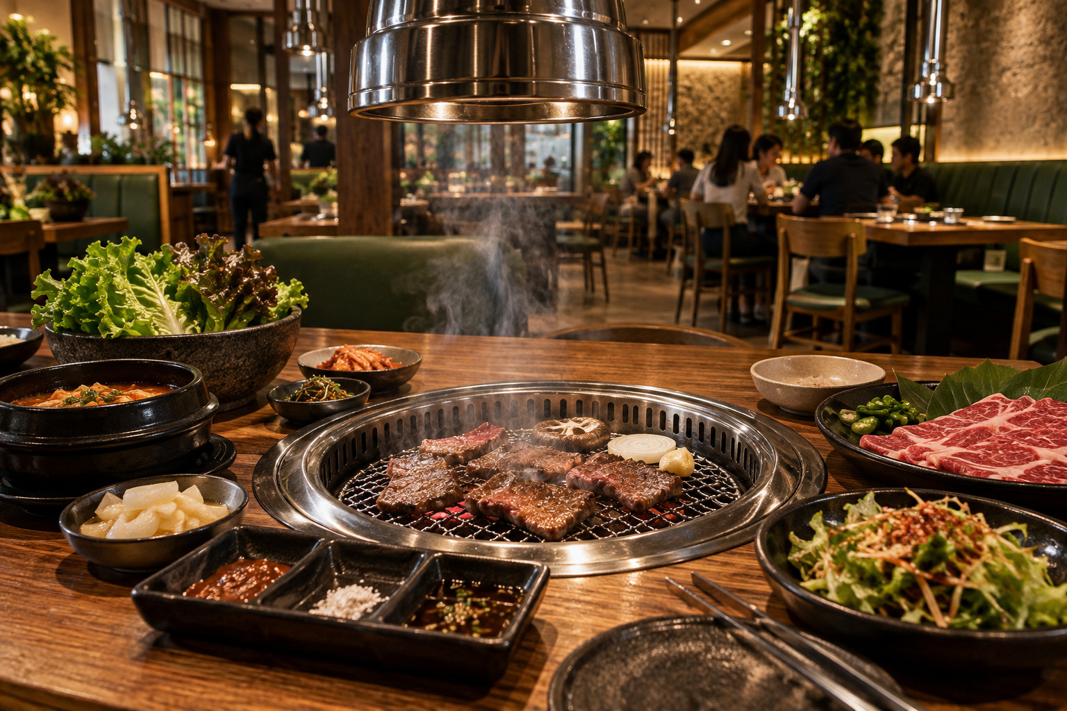 AI-generated Korean barbecue restaurant with a tabletop grill and banchan